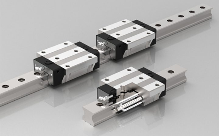 CSK LMR linear guideway with cylindrical rollers, shown with the carriage opened